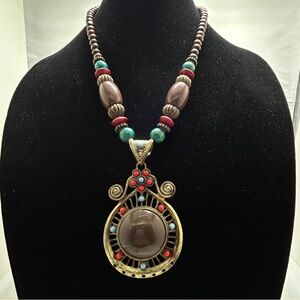 Vintage Chunky Funky 90’s Gold Beaded Pendant Necklace Brown, Red, Turquoise